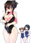  3: 3girls black_hair blush breasts brown_eyes brown_hair cleavage competition_school_swimsuit double_bun front_zipper_swimsuit frown goggles goggles_on_head hand_on_hip highres kagami_ryouko kanayama_nao large_breasts meme_attire multiple_girls one-piece_swimsuit open_mouth original sasashigure_miyo short_hair simple_background skindentation sweat swimsuit thigh_gap trembling unzipped white_background wide_hips yoshida_hideyuki 
