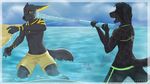  2015 anthro anubis bikini black_fur canine cat claws clothing deity delilittle duo egyptian eyes_closed feline female fur gold_fur green_eyes happy hybrid jackal jaguar lion male mammal melanistic open_mouth pawpads paws playing sea spots summer swimming swimming_trunks swimsuit water water_gun 