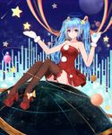  bare_shoulders blue_eyes blue_hair gloves halo hanami_dango_(zzldango) hatsune_miku high_heels highres long_hair looking_at_viewer sitting smile solo star thighhighs twintails vocaloid 