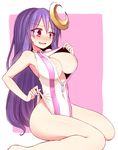  barefoot blush breasts center_opening cleavage_cutout crescent crescent_hair_ornament front_zipper_swimsuit hair_ornament kuresento large_breasts long_hair meme_attire nail_polish no_hat no_headwear one-piece_swimsuit open_mouth patchouli_knowledge pink_hair purple_hair simple_background sitting solo striped striped_swimsuit sweat sweatdrop swimsuit touhou unzipped zipper 