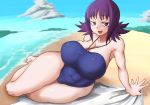 1girl bare_shoulders beach blue_sky blue_swimsuit breasts cameltoe casual_one-piece_swimsuit cleavage cloud commentary_request covered_navel creatures_(company) curvy day game_freak huge_breasts jewelry looking_at_viewer necklace nintendo ocean one-piece_swimsuit open_mouth outdoors pokemon pokemon_(anime) purple_eyes purple_hair san_chi_yunohappa sand shiny shiny_skin short_hair sitting sky smile solo swimsuit uchikido_(pokemon) water wide_hips 