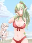  2girls absurdres bikini bracelet breasts chibi chibi_inset chiki choker cleavage cloud day female_my_unit_(fire_emblem_if) fire_emblem fire_emblem:_kakusei fire_emblem_if green_hair grey_hair hair_between_eyes hair_ribbon hand_on_own_cheek head_tilt highres jewelry large_breasts light_smile long_hair looking_at_viewer mamkute midriff multiple_girls my_unit_(fire_emblem_if) navel nintendo ocean pointy_ears ponytail red_bikini red_ribbon ribbon sidelocks skeptycally solo_focus swimsuit twitter_username very_long_hair white_bikini 