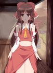  ascot bad_id bad_pixiv_id bare_shoulders bow brown_eyes brown_hair detached_sleeves hair_bow hair_tubes hakurei_reimu highres long_hair long_sleeves looking_at_viewer midriff navel ribbon-trimmed_sleeves ribbon_trim shirt side_slit skirt skirt_set solo torii touhou veranda very_long_hair wendell wide_sleeves 