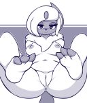  1girl absol anus areolae ass asymmetrical_hair breasts claws creatures_(company) eyelashes feet furry game_freak gen_3_pokemon grayscale hair_ornament half-closed_eyes looking_at_viewer lying medium_breasts monochrome navel nintendo nipples nude on_back pinkcappachino pokemon pokemon_(creature) pussy short_hair simple_background smile smug tail thighs uncensored 