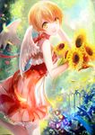  :d breasts dress earrings flower highres holding holding_flower hoshizora_rin jewelry love_live! love_live!_school_idol_project medium_breasts moemoe3345 open_mouth orange_hair outdoors petals red_dress revision short_hair smile solo sunflower white_wings wings yellow_eyes 