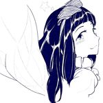  bow dress hair_bow hiyuu_(flying_bear) long_hair monochrome simple_background smile solo star star_sapphire touhou white_background wings 