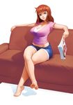  barefoot blue_eyes breasts brown_hair cleavage couch crossed_legs denim denim_shorts feet highres indoors kairuhentai large_breasts lips long_hair magazine midriff nose original shorts sitting soles solo toes 