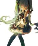  closed_eyes detached_sleeves green_hair hatsune_miku hazime long_hair simple_background sitting skirt smile solo spring_onion thighhighs twintails very_long_hair vocaloid white_background 