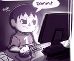  annoyed chin_rest doubutsu_no_mori keyboard_(computer) monochrome mouse_(computer) sho-n-d villager_(doubutsu_no_mori) 