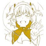  bow closed_eyes hair_bow hiyuu_(flying_bear) monochrome open_mouth ribbon short_hair simple_background smile solo sunny_milk touhou twintails v white_background wings 