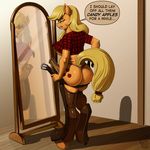  2013 absurd_res animal_genitalia anthro anthrofied applejack_(mlp) belt biting_lip blonde_hair butt clothing cutie_mark dialogue dickgirl earth_pony english_text equine erection freckles friendship_is_magic hair hi_res horse horsecock inside intersex kevinsano long_hair mammal mirror my_little_pony penis pony reflection shadow solo text thong underwear vein 