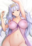  babydoll bed_sheet breasts covered_nipples dragon@harry hairband highres idolmaster idolmaster_(classic) large_breasts long_hair looking_at_viewer lying navel nipples on_back purple_eyes see-through shijou_takane silver_hair solo 