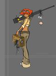  brown_eyes cable carrying carrying_over_shoulder character_name cowboy_bebop crop_top edward_wong_hau_pepelu_tivrusky_iv goggles goggles_on_head gun highres looking_at_viewer midriff pants parted_lips red_hair suitcase vikalc weapon 