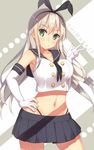  alternate_breast_size black_panties blonde_hair blush breasts crop_top crop_top_overhang elbow_gloves gloves green_eyes hairband hand_on_hip highres kantai_collection large_breasts long_hair looking_at_viewer midriff navel panties samegami shimakaze_(kantai_collection) shiny shiny_skin skirt solo striped underwear v white_gloves 