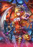  belt breasts colored_stripes demon_wings earrings elbow_gloves gloves halloween highres horn jack-o'-lantern jewelry large_breasts long_hair million_arthur_(series) night official_art orange_eyes orange_hair plaid plaid_skirt scythe skirt skull smile solo striped striped_legwear tako_seijin thighhighs underboob walking wavy_hair wings zettai_ryouiki 