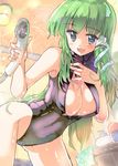  bare_shoulders bathroom bent_over black_swimsuit blue_eyes blush breasts cleavage cleavage_cutout covered_navel frog frog_hair_ornament front_zipper_swimsuit green_hair hair_ornament halterneck hand_on_own_chest highleg highleg_swimsuit holding hose kochiya_sanae large_breasts long_hair looking_at_viewer meme_attire one-piece_swimsuit open_mouth puuakachan shampoo showering skin_tight skindentation smile snake snake_hair_ornament solo swimsuit touhou unzipped water wet zipper 