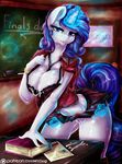  2015 anthro anthrofied blue_eyes blush book breasts chalkboard classroom cleavage clothed clothing cum cum_on_breasts dimwitdog door equine eyeshadow female friendship_is_magic glowing hair horn inside long_hair looking_at_viewer magic makeup mammal my_little_pony necktie pussy rarity_(mlp) solo unicorn 