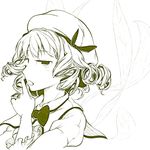  bow dress drill_hair hair_bow hat hiyuu_(flying_bear) luna_child monochrome open_mouth ribbon short_hair simple_background smile solo touhou white_background wings 