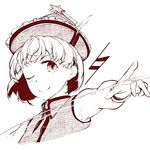  hat hiyuu_(flying_bear) lyrica_prismriver monochrome one_eye_closed pointing short_hair simple_background smile solo star touhou white_background 
