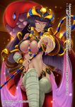  bandages bare_shoulders blush breasts butter-t cleavage crossed_legs crown dark_skin egyptian gold jewelry large_breasts long_hair looking_at_viewer monster_girl monster_girl_encyclopedia nail_polish open_mouth pharaoh_(monster_girl_encyclopedia) pointing pointing_at_viewer purple_hair purple_nails red_eyes sitting smile snake solo staff translated 