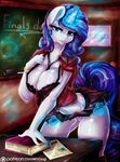  2015 anthro anthrofied blue_eyes blush book breasts chalkboard classroom cleavage clothed clothing dimwitdog door equine eyeshadow female friendship_is_magic glowing hair horn inside long_hair looking_at_viewer magic makeup mammal my_little_pony necktie pussy rarity_(mlp) solo unicorn 