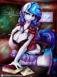  2015 animal_genitalia anthro anthrofied balls blue_eyes blush book chalkboard classroom cleavage clothed clothing dickgirl dimwitdog door equine eyeshadow friendship_is_magic glowing hair horn horsecock inside intersex long_hair looking_at_viewer magic makeup mammal my_little_pony necktie penis rarity_(mlp) solo unicorn 