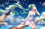  absurdly_long_hair bare_shoulders beach bird bow camisole cloud collarbone day dress floating_hair green_eyes green_hair halterneck hand_on_own_cheek hatsune_miku long_hair long_legs looking_away number ocean outdoors palm_tree profile seagull sitting sky solo spaghetti_strap tidsean tree tree_branch twintails very_long_hair vocaloid water white_dress 