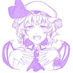  ascot bat_wings brooch hat hiyuu_(flying_bear) jewelry monochrome open_mouth remilia_scarlet ribbon short_hair simple_background smile solo touhou white_background wings 