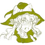  bow hair_bow hat hiyuu_(flying_bear) kirisame_marisa long_hair monochrome open_mouth simple_background solo surprised touhou white_background witch_hat 