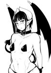  arms_behind_back bangs blunt_bangs blush breasts collar demon_girl demon_tail demon_wings fukumaaya gloves greyscale monochrome navel original pasties pointy_ears skindentation small_breasts solo succubus sweatdrop tail upper_body wings 