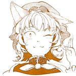  animal_ears cat_ears chen earrings hat hiyuu_(flying_bear) jewelry monochrome one_eye_closed short_hair simple_background smile solo touhou white_background 