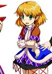  arm_warmers bad_id bad_pixiv_id blonde_hair crossed_arms dai-erie green_eyes horn mizuhashi_parsee open_mouth pointy_ears scarf short_hair simple_background smile solo touhou white_background 