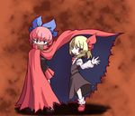  aratami_isse blonde_hair bow cape commentary_request covered_mouth giant_robo guilty_gear hair_bow hair_ribbon multiple_girls red_eyes red_hair ribbon rumia sekibanki shirt short_hair skirt smile touhou vest 