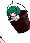  bad_id bad_pixiv_id bucket dai-erie green_eyes green_hair hair_bobbles hair_ornament in_bucket in_container kisume short_hair simple_background solo touhou twintails white_background wooden_bucket 