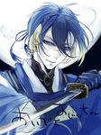  blue_hair gloves japanese_clothes katana male_focus mikazuki_munechika purple_eyes sketch solo sword touken_ranbu upper_body weapon zuwai_kani 