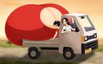  black_hair breasts brown_eyes character_request fang_(saburox) gigantic_breasts original saburox sisters truck 