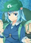  absurdres backpack bag blouse blue_eyes blue_hair coin hair_bobbles hair_ornament hat highres kawashiro_nitori key long_sleeves looking_at_viewer scroll short_hair smile solo tokoname touhou upper_body water 