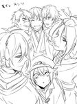  :o clenched_teeth doudanuki_masakuni greyscale hair_flaps hat hotarumaru japanese_clothes jirou_tachi looking_at_viewer male_focus mikazuki_munechika monochrome multiple_boys simple_background smile teeth touken_ranbu translated tsurumaru_kuninaga white_background zuwai_kani 