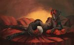  abstract_background bed breasts canine claws demon female hair horn hybrid licking looking_at_viewer mammal nipples open_mouth red_hair red_theme sethos solo suggestive tongue tongue_out woari wolf 