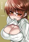  blush breasts brown_eyes brown_hair cleavage cleavage_cutout glasses large_breasts looking_at_viewer meme_attire open-chest_sweater original ribbed_sweater semi-rimless_eyewear short_hair smile solo sweater tokita_monta turtleneck under-rim_eyewear 