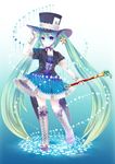  aqua_eyes boots cross-laced_footwear dress gloves green_hair hat hatsune_miku highres knee_boots lace lace-up_boots long_hair magical_mirai_(vocaloid) smile socha solo star top_hat twintails very_long_hair vocaloid wand 