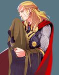  armor blonde_hair blue_eyes braid cape cloak male_focus marvel moriyama_(b_forest) solo thor_(marvel) 