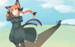  absurdres animal_ears black_legwear blouse bow braid cat cat_ears cat_tail cloud cloudy_sky cowboy_shot day different_shadow hair_bow hand_in_hair highres kaenbyou_rin long_hair multiple_tails nekomata pantyhose red_eyes red_hair sketch skirt skirt_set sky smile solo standing tail tokoname touhou twin_braids two_tails 