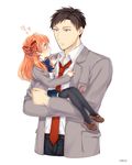  1girl age_regression bad_id bad_pixiv_id black_hair black_legwear blush bow brown_eyes carrying child gekkan_shoujo_nozaki-kun hair_bow heart mery_(apfl0515) necktie nozaki_umetarou orange_hair polka_dot polka_dot_bow princess_carry purple_eyes rouman_academy_uniform sakura_chiyo school_uniform simple_background size_difference thighhighs white_background younger 