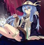  blue_eyes blue_hair crossed_legs duel_monster gishki_ariel hat highres long_hair normaland robe smile solo witch_hat yuu-gi-ou 