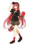  adjusting_clothes adjusting_hat bag baseball_cap grin hat headphones highres long_hair messenger_bag red_eyes red_hair shoes shorts shoulder_bag skateboard smile sneakers socks solo tom_(drpow) tomboy very_long_hair 