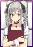  :t book drill_hair highres idolmaster idolmaster_cinderella_girls isshiki_(ffmania7) jewelry kanzaki_ranko long_hair necklace pout red_eyes silver_hair solo twin_drills twintails 