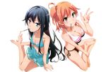  2girls bare_shoulders barefoot bikini black_hair blue_eyes blush breasts cleavage feet full_body highres long_hair looking_at_viewer multiple_girls orange_hair red_eyes sitting smile sweat swimsuit toes yahari_ore_no_seishun_lovecome_wa_machigatteiru. yuigahama_yui yukinoshita_yukino 