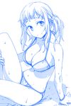  bikini blue breasts cleavage commentary getsuyoubi_no_tawawa himura_kiseki large_breasts monochrome solo swimsuit twintails 