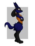  2014 3_toes abstract_background anthro blue_fur canine female fur lucario mammal mrpandragon nintendo pok&eacute;mon red_eyes solo spikes standing toes video_games 